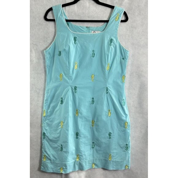 LILLY PULITZER Women Seahorse Shift Dress Sleeveless Zip Back Sz 12 Blue 16-5 - Picture 1 of 12